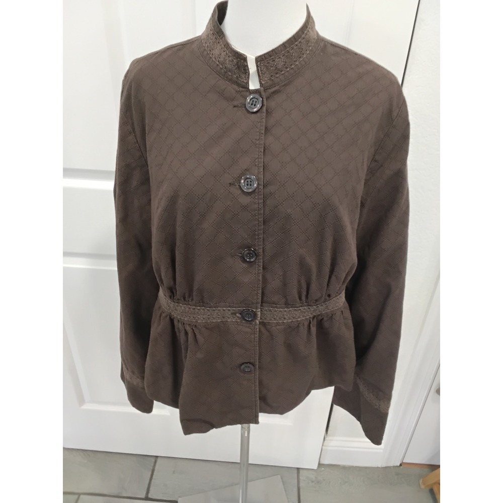 Charter Club Brown Diamond Quilted Eyelet Lace Trim Button Front Jacket Large